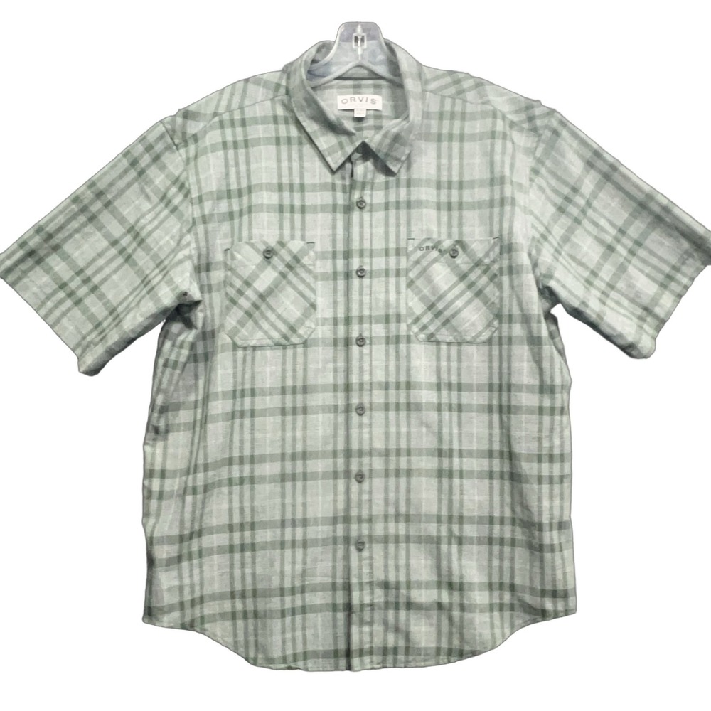 Orvis Men's XL Short Sleeve Button Up Shirt Green Plaid Outdoor Pockets Regular